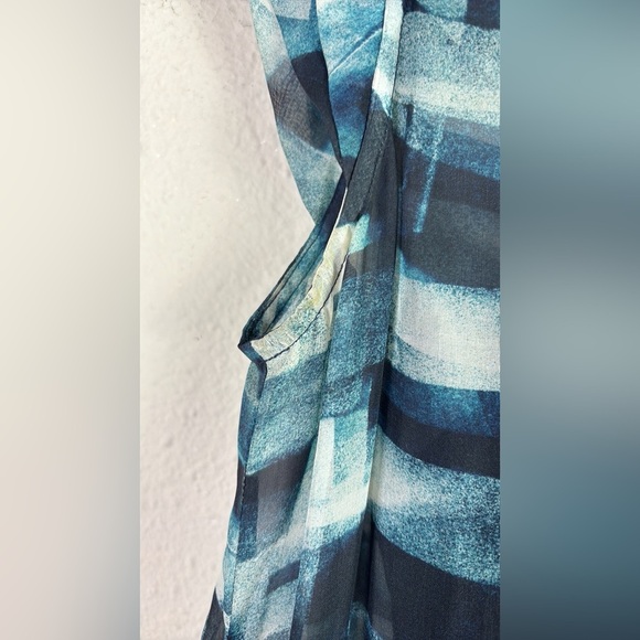 Theory 100% Silk Abstract Blue Teal Black Mini Ruffled Flutter Sleeves Dress 6 - Picture 12 of 14